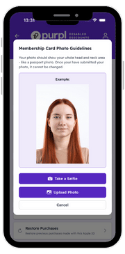 Purpl app screen showing membership card photo guidelines for users with disabilities and long term health conditions who need to upload a passport style photo to access Purpl discounts.
