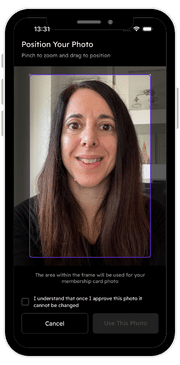 Purpl app screen where a user with a long term health condition adjusts their headshot inside a frame before confirming their Purpl discounts membership photo.