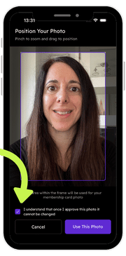 Purpl app screen where a user with a long term health condition adjusts their headshot inside a frame before confirming their Purpl discounts membership photo.