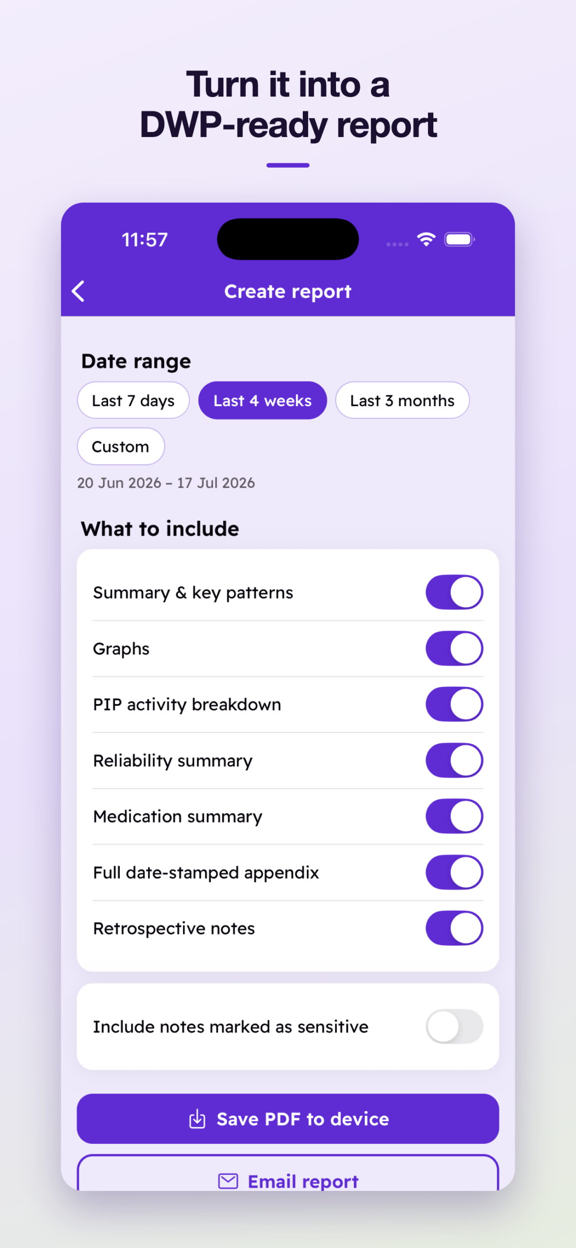 Create report screen showing date range options, graphs, activity breakdown, reliability summary, medication summary and date-stamped entries.